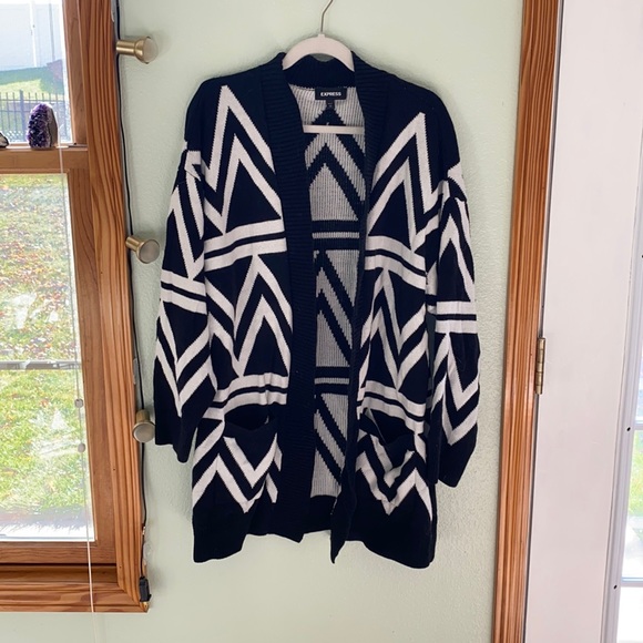 Express Sweaters - SOLD! Express black white geometric slouchy long cardigan sweater sz L